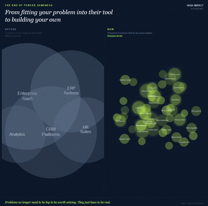 Infographic contrasting the old software world of five large generic platforms with the new world of dozens of niche solutions built for specific problems, from grain logistics to surf schools to pottery kilns.